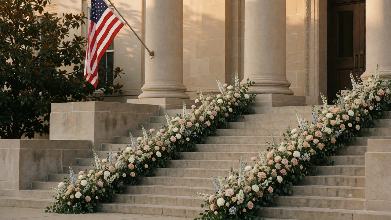 Courthouse steps decorated with wedding flowers in warm afternoon light, representing disability benefits and marriage planning