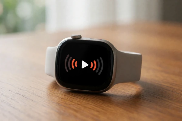 Smartwatch displaying a vibrating notification alert on a wooden table, representing haptic technology for deaf couples