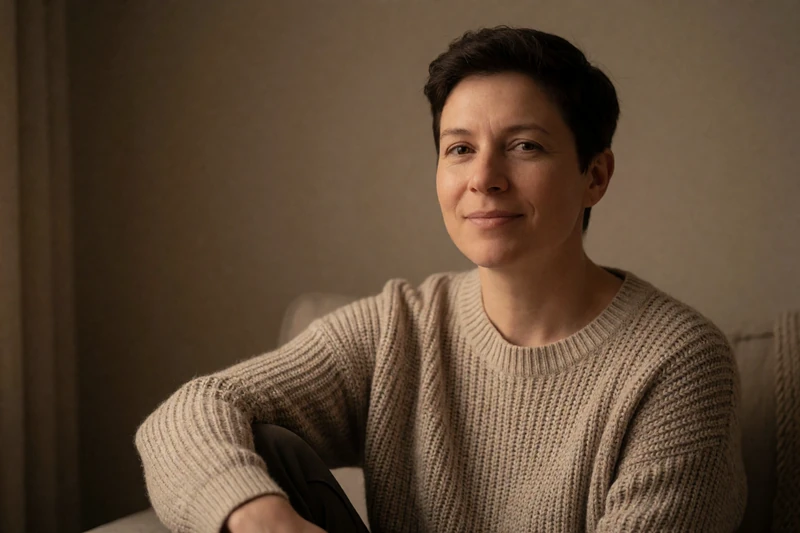 A 30-year-old person with a calm expression sitting in a sensory-friendly dim room with soft lighting, representing the autism dating community