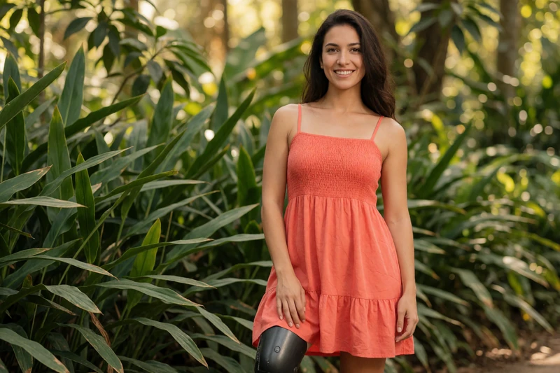 A woman with a prosthetic leg smiling in a botanical garden, representing accessible outdoor date ideas