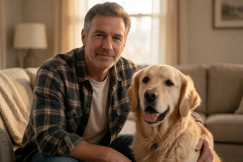 A 38-year-old man with kind eyes sitting with a service dog in a calm living room, representing PTSD support and trauma-informed dating