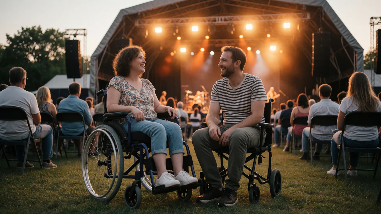A couple enjoying an accessible outdoor concert at dusk, representing cerebral palsy dating and shared experiences