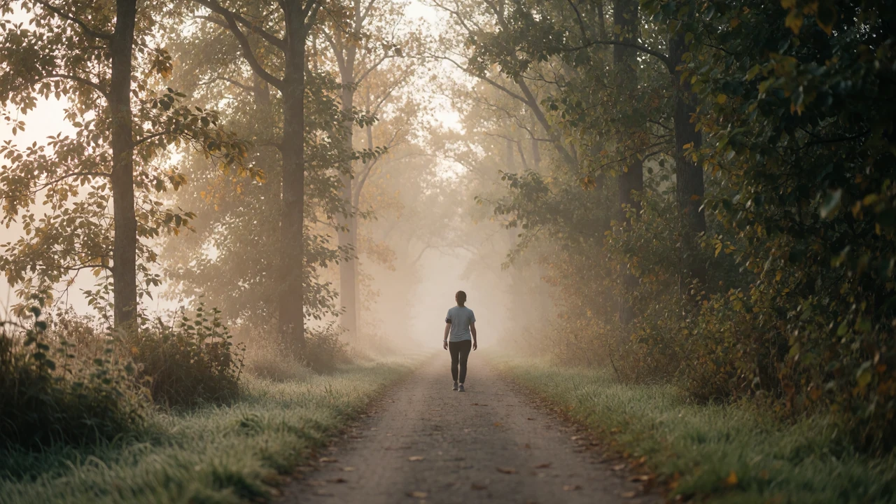 A person walking calmly on a peaceful misty nature trail at dawn wearing a medical alert bracelet, representing epilepsy dating and serene outdoor connection