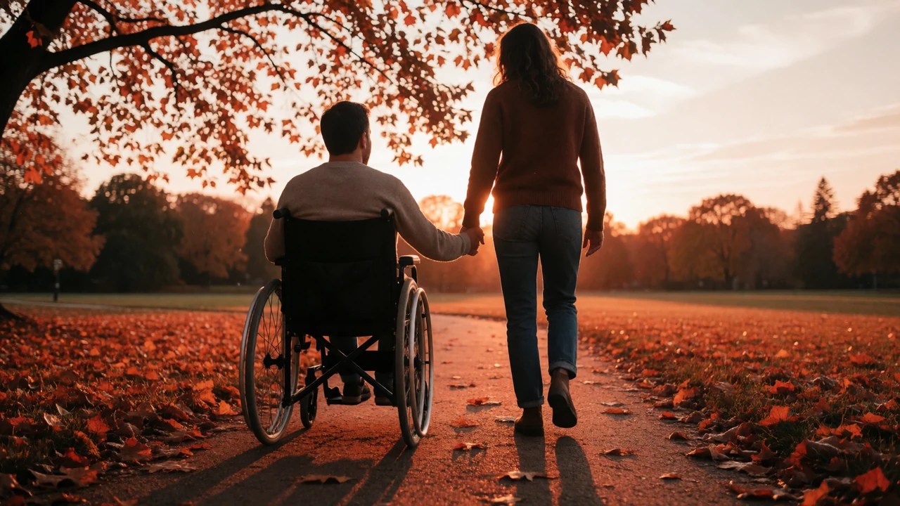 A wheelchair user and partner walking together through a warm sunset park, representing connection on a disabled dating site