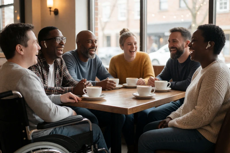 Diverse group of adults with visible and invisible disabilities laughing together at a community cafe table, representing inclusive community