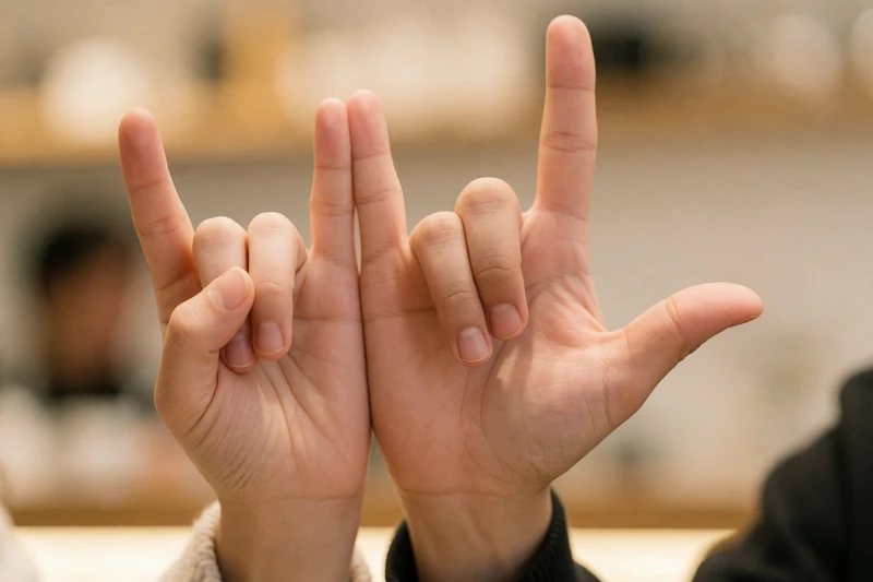 Close-up of two hands signing the ASL I love you gesture against a soft blurred cafe background, representing deaf dating communication