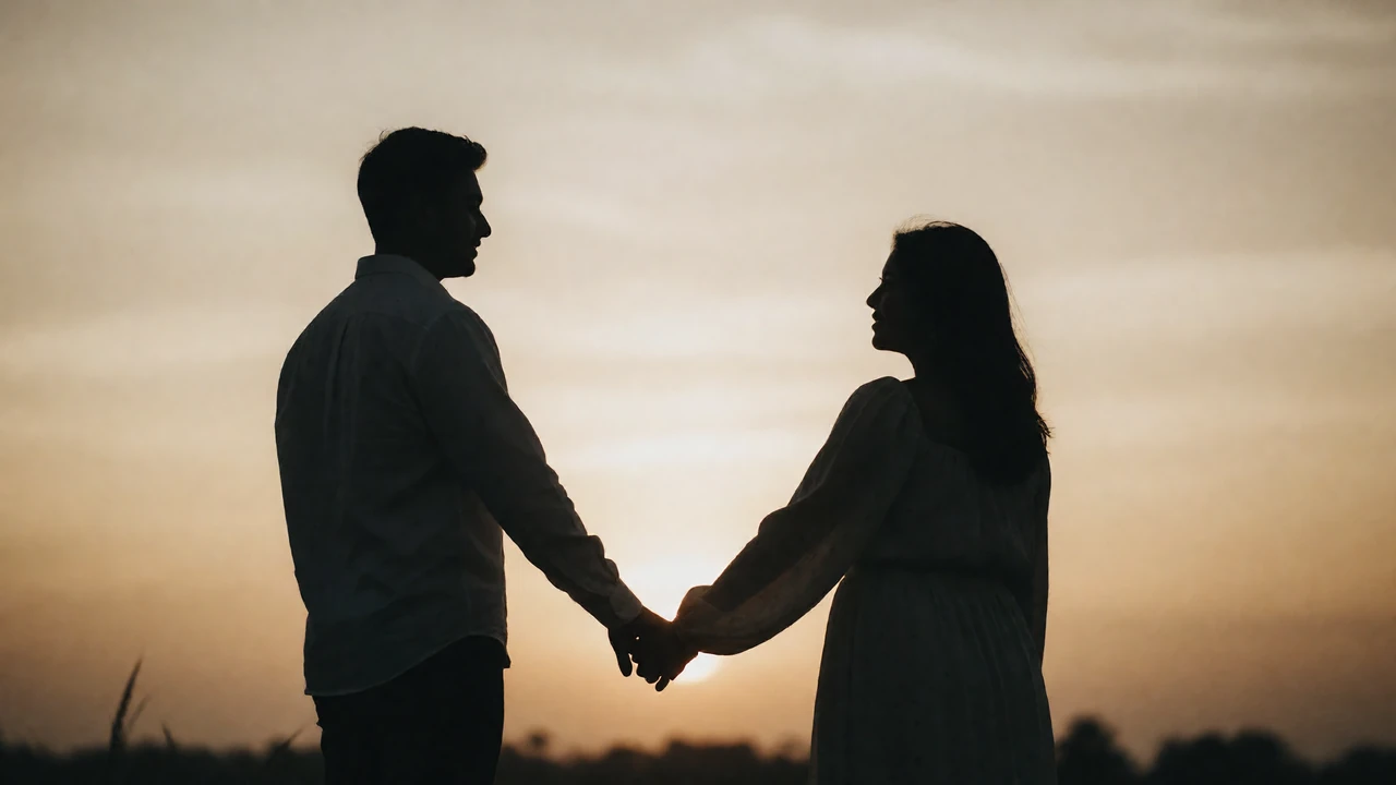 Two silhouettes holding hands against a warm sunset, symbolizing intimacy and disability sexuality