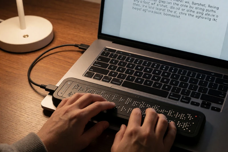 Close-up of a braille display device connected to a laptop on a wooden desk, representing screen reader friendly dating technology