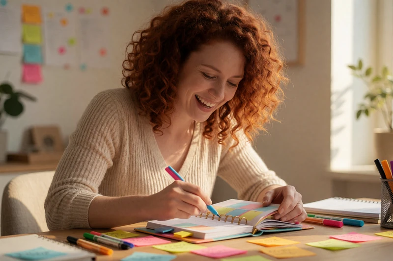 A 33-year-old woman with vibrant curly hair laughing while organizing a colorful planner at a sunlit desk, representing ADHD dating and creative energy
