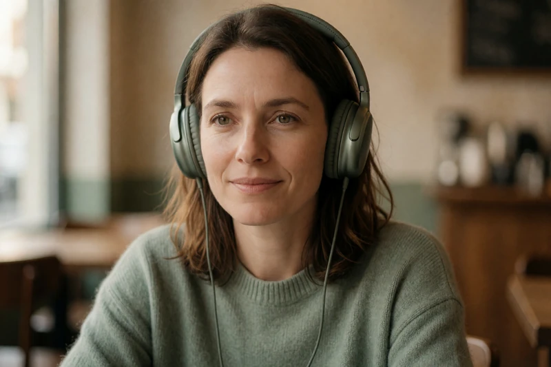 A 32-year-old woman wearing headphones in a quiet cafe, representing sensory-friendly dating for neurodivergent adults