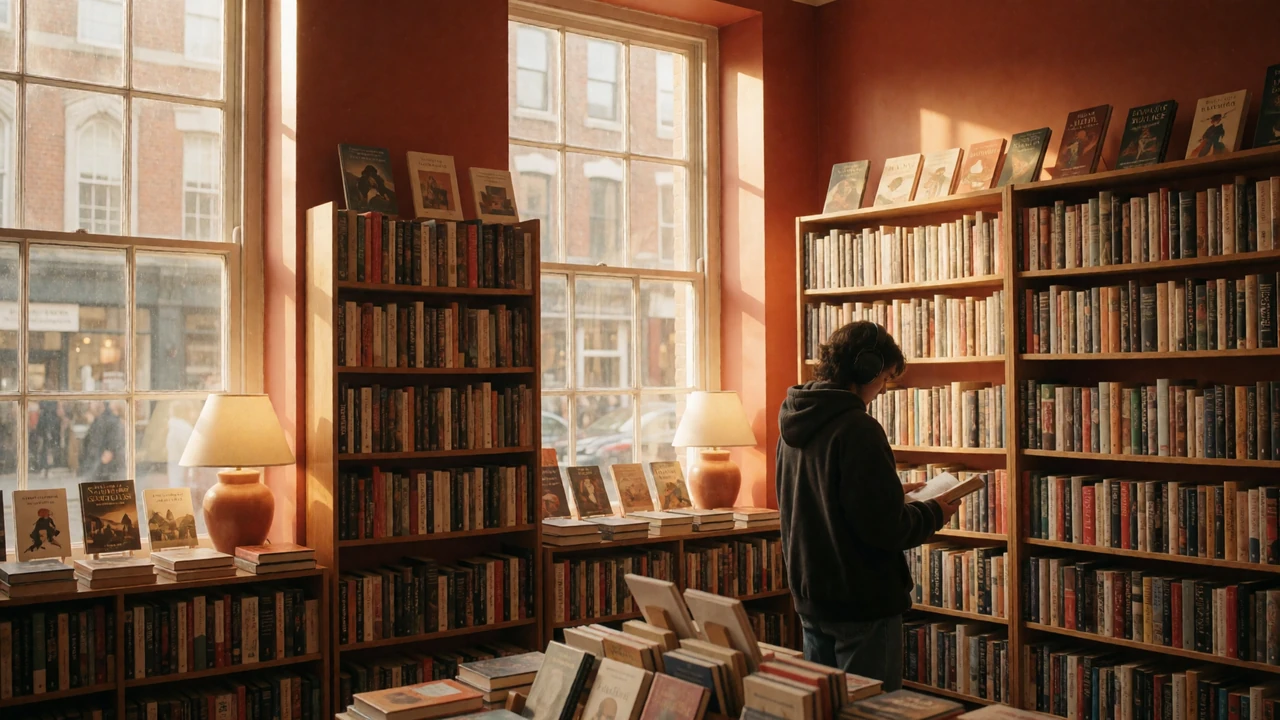 A person wearing noise-canceling headphones browsing a cozy bookshop, representing autism dating and sensory-friendly connection
