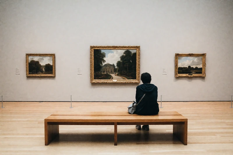 A quiet museum gallery with soft lighting and few visitors, a person sitting peacefully on a bench, representing sensory-friendly date ideas for autistic adults