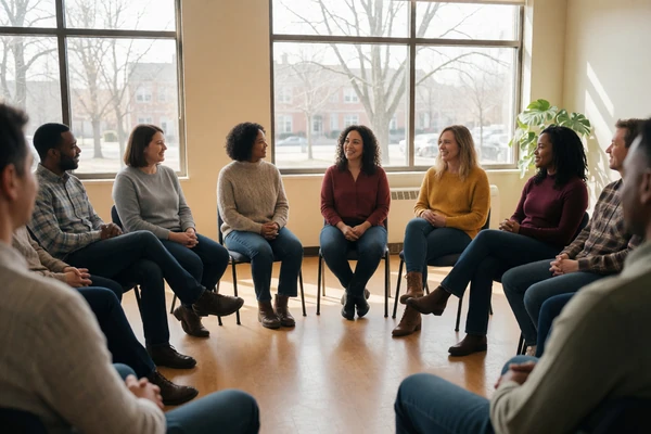 A support group circle of adults in a bright community room, representing community resources for families of adults with Down syndrome