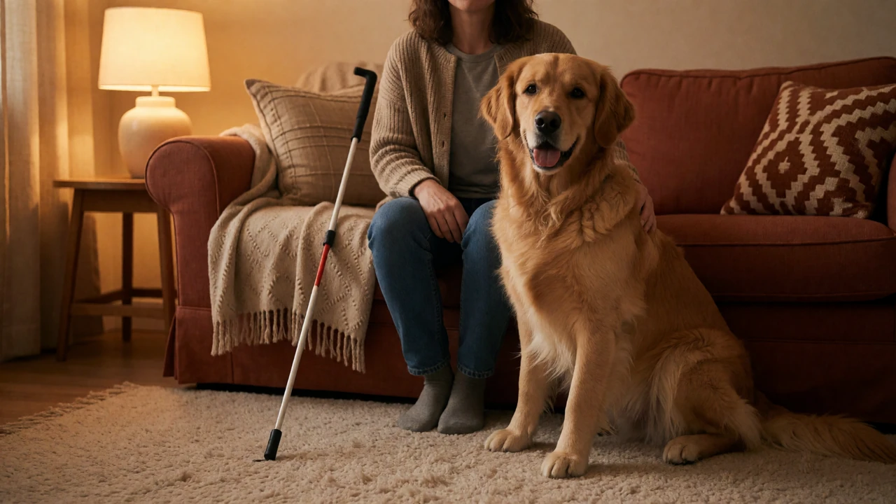 A person relaxing on a couch beside a guide dog in a warmly lit living room, representing blind dating and accessible connection