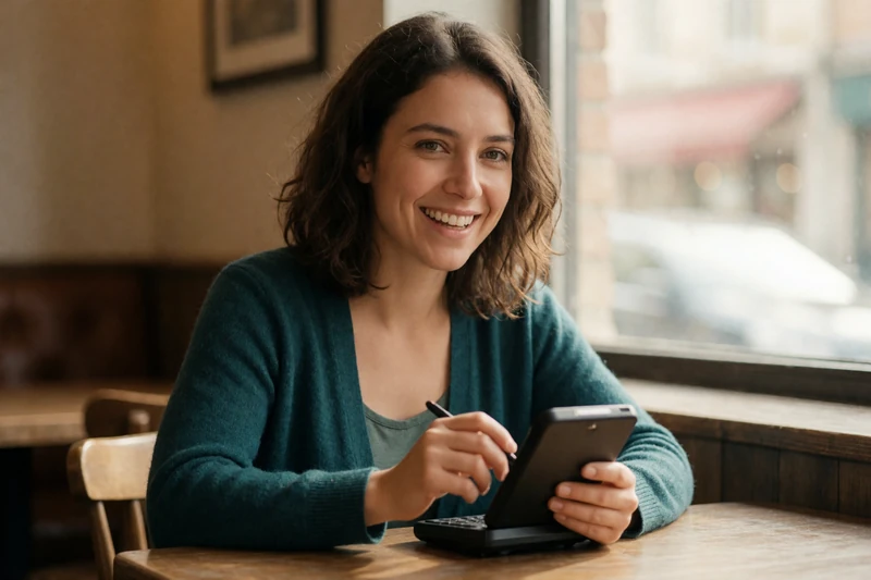 A 27-year-old woman with cerebral palsy smiling while using a communication device at a cafe, representing accessible dating and communication