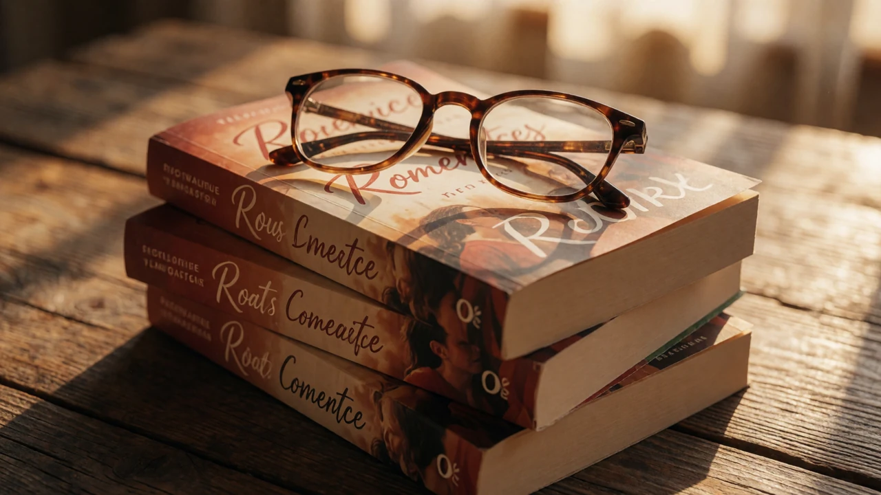 A stack of romance novels on a wooden table bathed in golden hour light, representing disability romance books