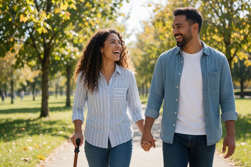 A couple walking hand in hand in a sunny park, sharing their disability dating success story