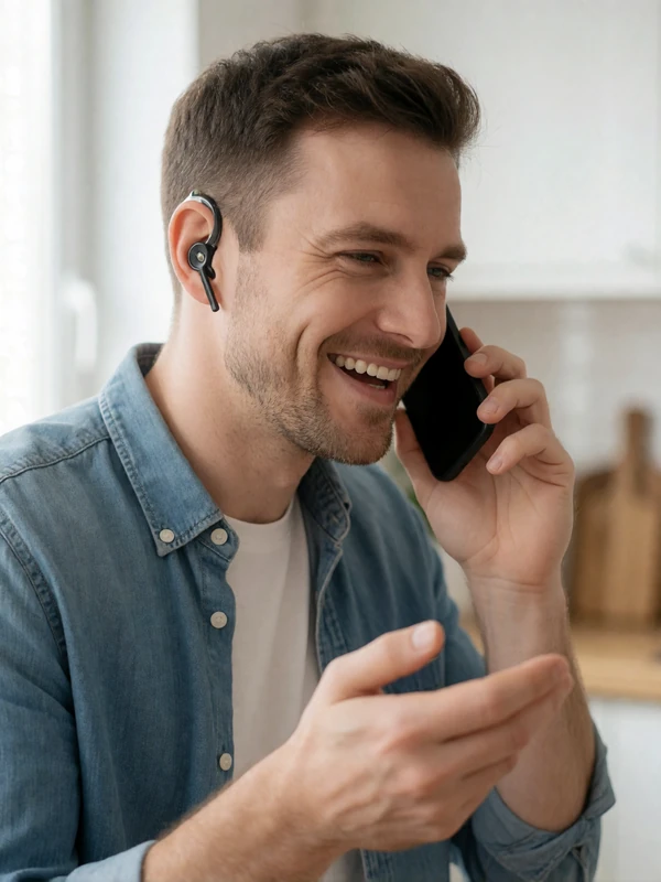 A man with a hearing aid video-chatting on his phone, representing the Spark currency reward system