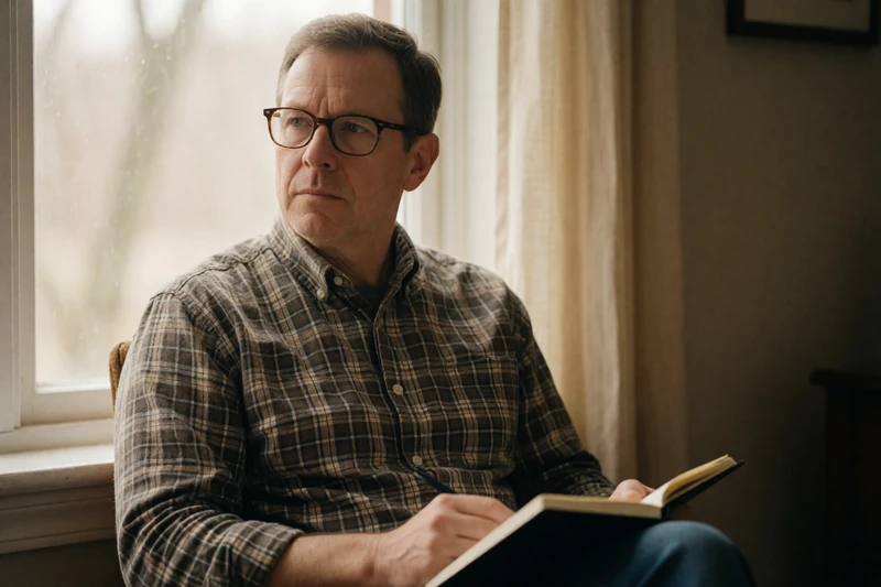 A thoughtful man with glasses sitting by a window with a notebook, representing the founding story of OpenHeartMatch