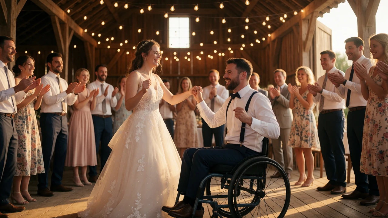 A joyful couple dancing at their wedding reception under warm string lights, one partner using a wheelchair, celebrating disability romance