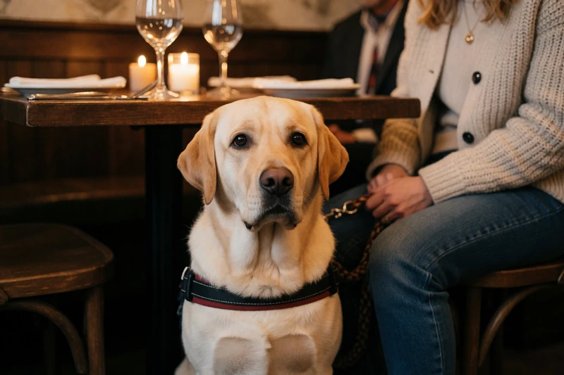 A guide dog in harness sitting beside its owner at a restaurant table, representing dating without sight and accessible dining